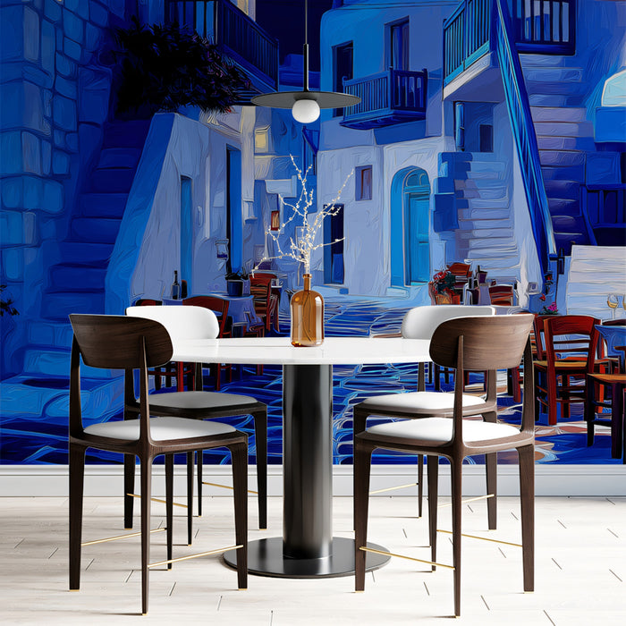 Intense Blue Greek Alley Mural Wallpaper | Nighttime Oil Painting, Red Chair Contrast, Cobblestone Street