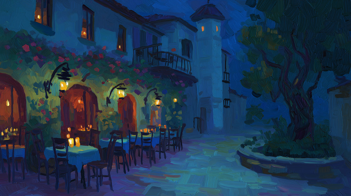 Tuscan Courtyard Dusk Mural Wallpaper | Rich Oil Paint, Lantern Glow, Romantic Al Fresco Dining
