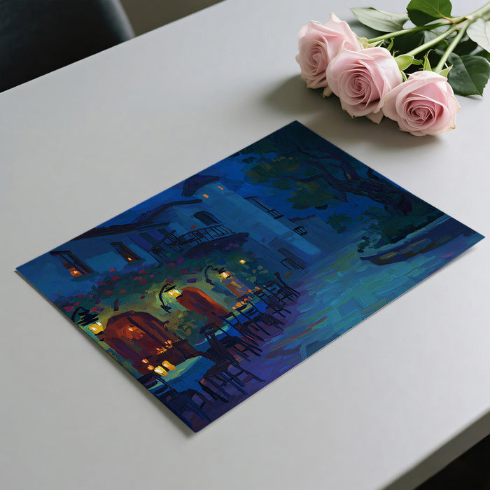 Tuscan Courtyard Dusk Mural Wallpaper | Rich Oil Paint, Lantern Glow, Romantic Al Fresco Dining