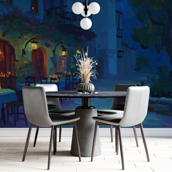 Tuscan Courtyard Dusk Mural Wallpaper | Rich Oil Paint, Lantern Glow, Romantic Al Fresco Dining