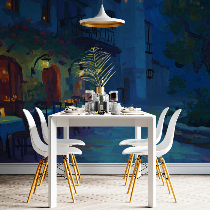Tuscan Courtyard Dusk Mural Wallpaper | Rich Oil Paint, Lantern Glow, Romantic Al Fresco Dining