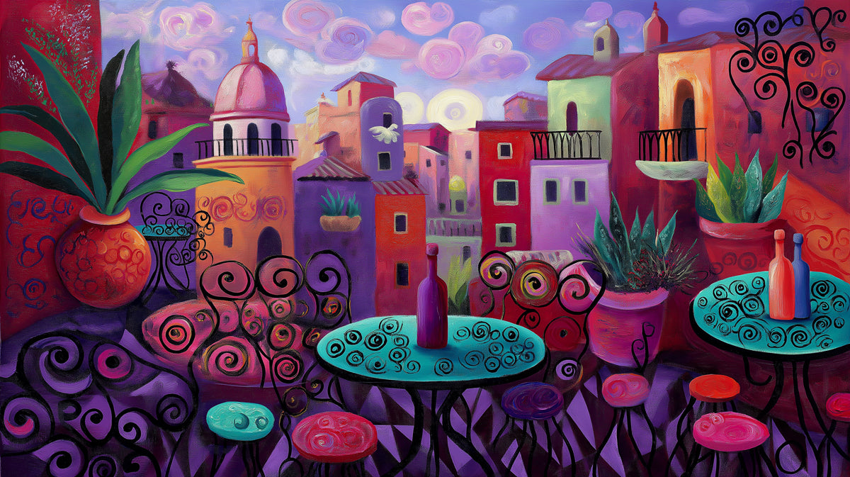 Maximalist Terrace View Mural Wallpaper | Bold Abstract Color, Spanish Architecture, Vibrant Oil Paint