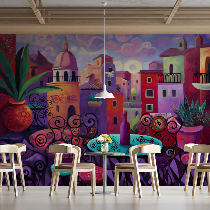 Maximalist Terrace View Mural Wallpaper | Bold Abstract Color, Spanish Architecture, Vibrant Oil Paint