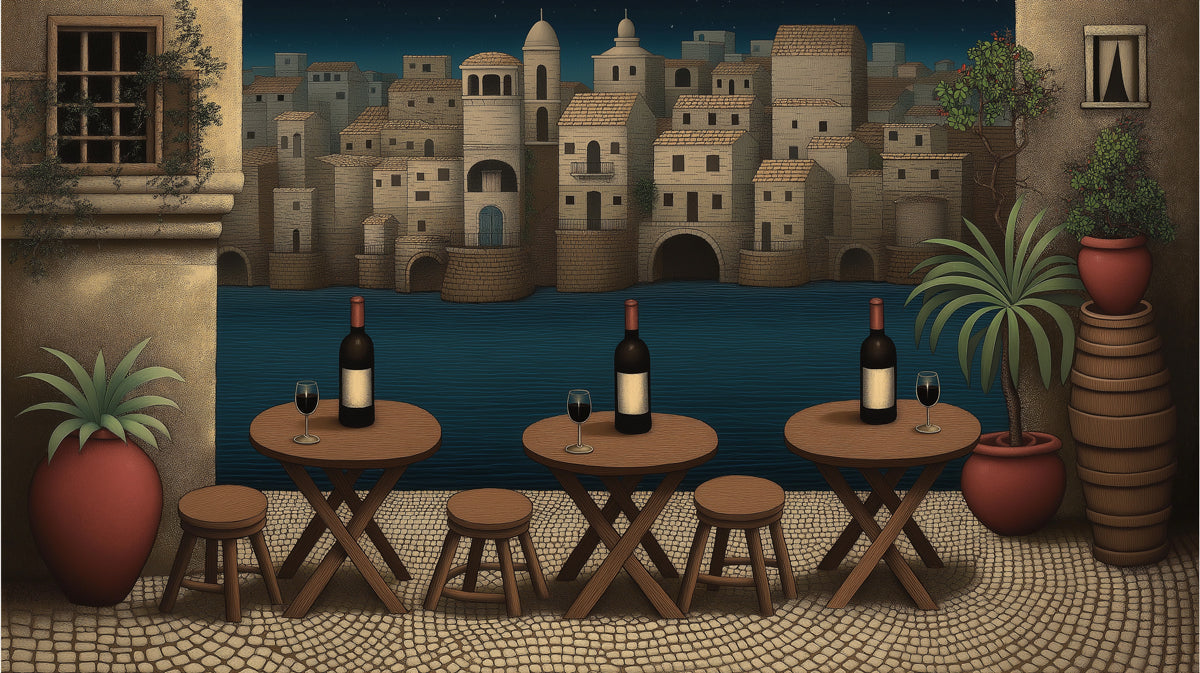 Nighttime Stone Village Mural Wallpaper | Mediterranean Fortified Town, Dark Water, Stylized Illustration