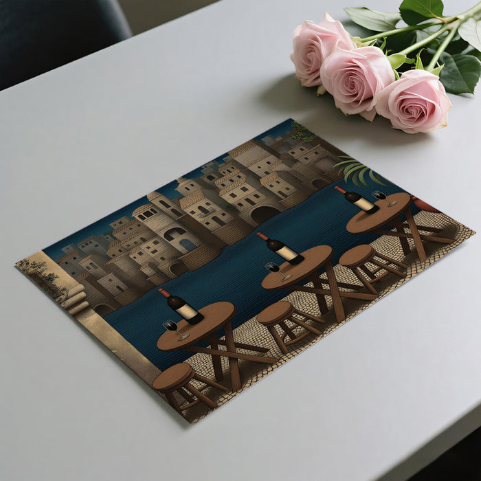 Nighttime Stone Village Mural Wallpaper | Mediterranean Fortified Town, Dark Water, Stylized Illustration
