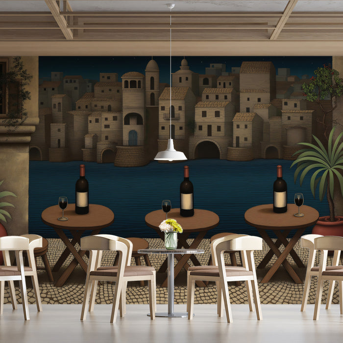 Nighttime Stone Village Mural Wallpaper | Mediterranean Fortified Town, Dark Water, Stylized Illustration