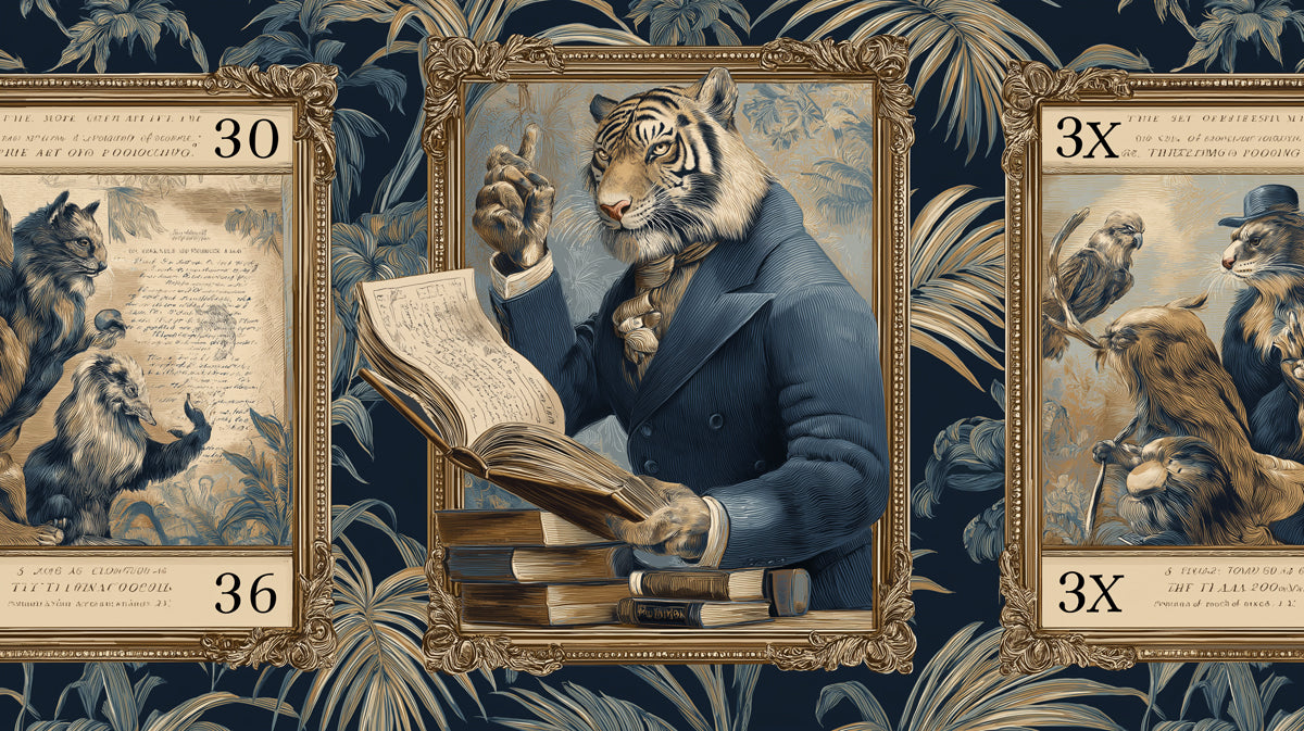 Victorian Tiger Professor Mural Wallpaper | Framed Portrait, Dark Academia, Botanical Pattern Background