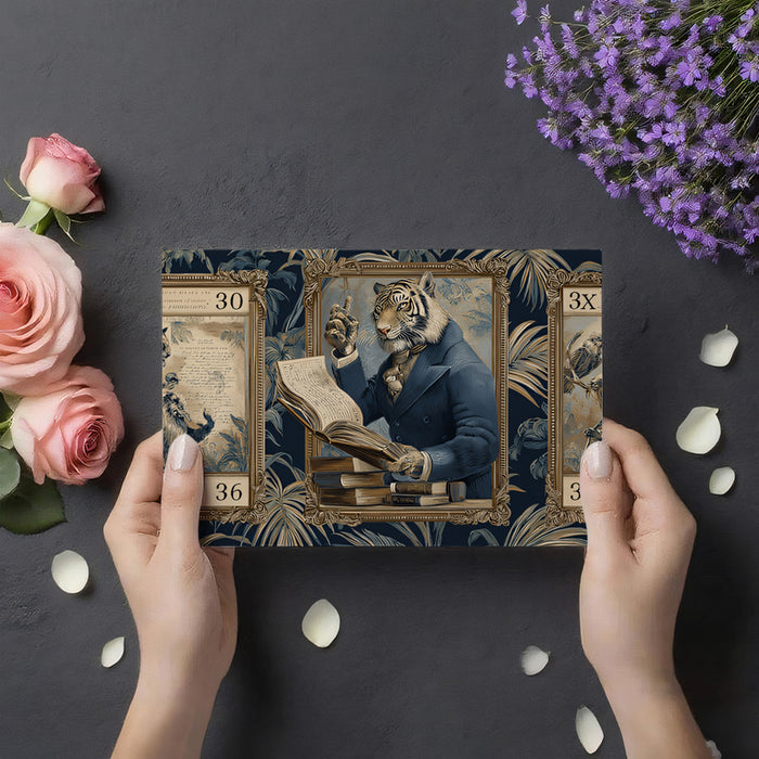 Victorian Tiger Professor Mural Wallpaper | Framed Portrait, Dark Academia, Botanical Pattern Background