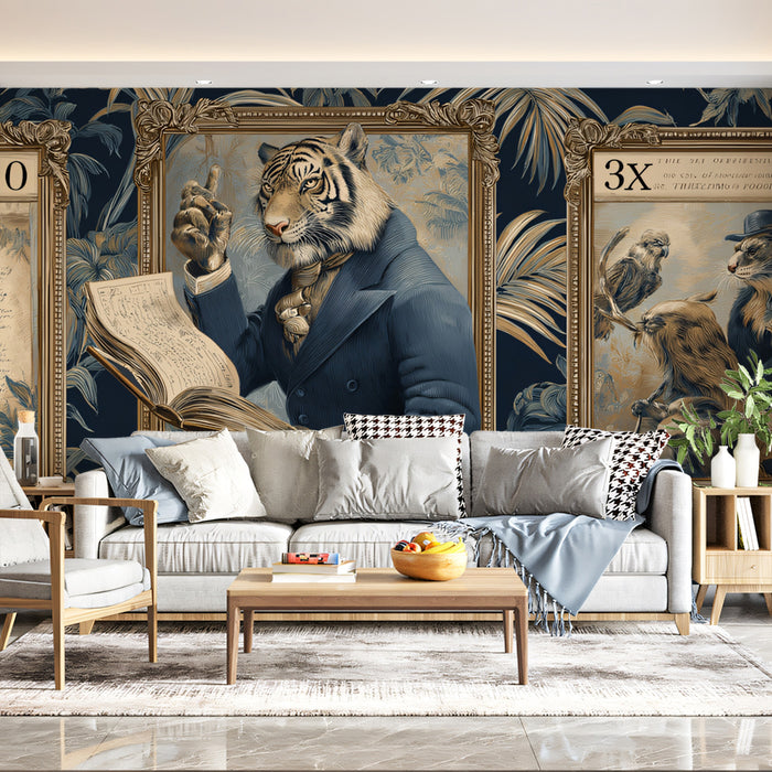 Victorian Tiger Professor Mural Wallpaper | Framed Portrait, Dark Academia, Botanical Pattern Background