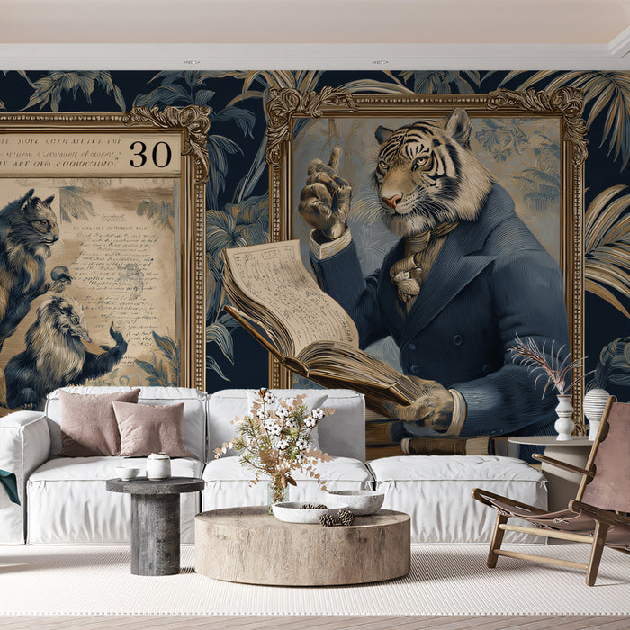 Victorian Tiger Professor Mural Wallpaper | Framed Portrait, Dark Academia, Botanical Pattern Background