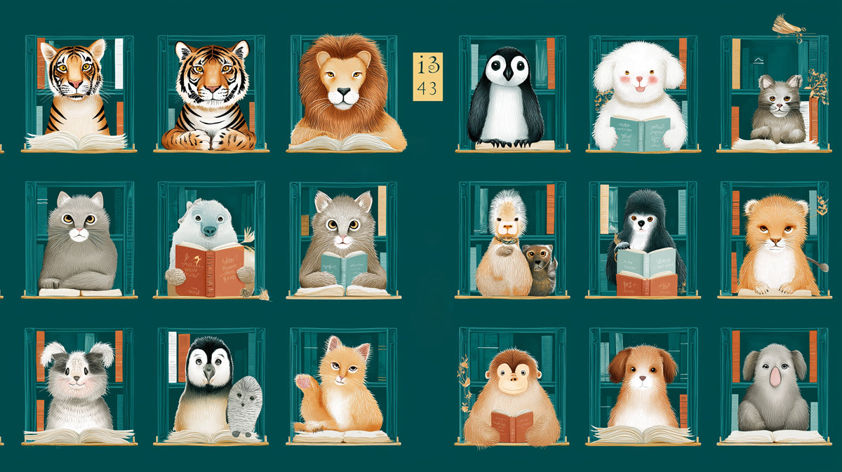 Reading Animals Library Mural Wallpaper | Cute Illustration, Bookshelf Theme, Educational Kids' Design