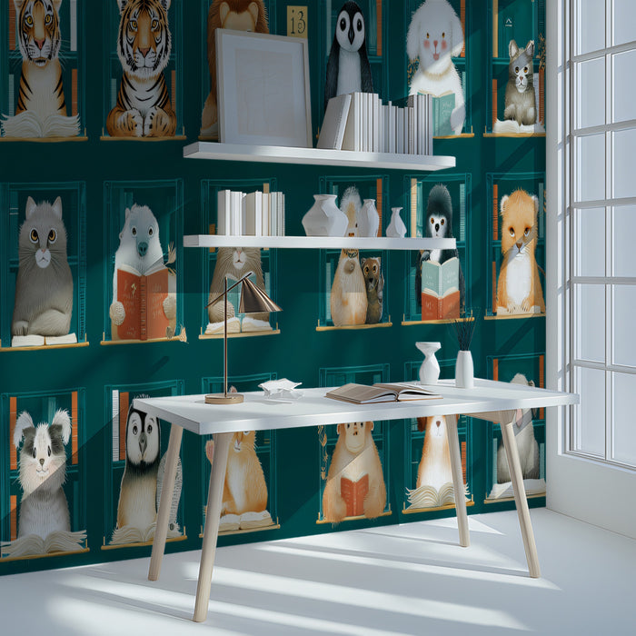 Reading Animals Library Mural Wallpaper | Cute Illustration, Bookshelf Theme, Educational Kids' Design
