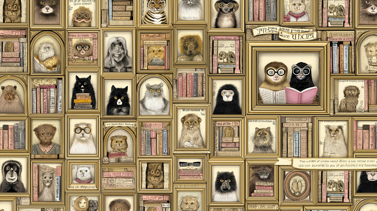 Framed Portrait Gallery Mural Wallpaper | Academic Animals, Vintage Gold Frames, Dark Academia Aesthetic