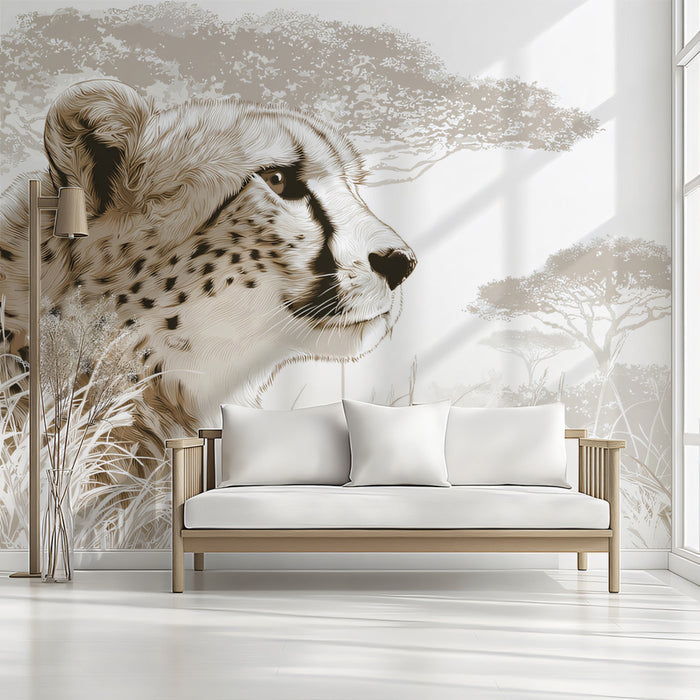 Serene Cheetah Profile Mural Wallpaper | Soft Sepia Tone, African Savanna, Minimalist Wild Life Art