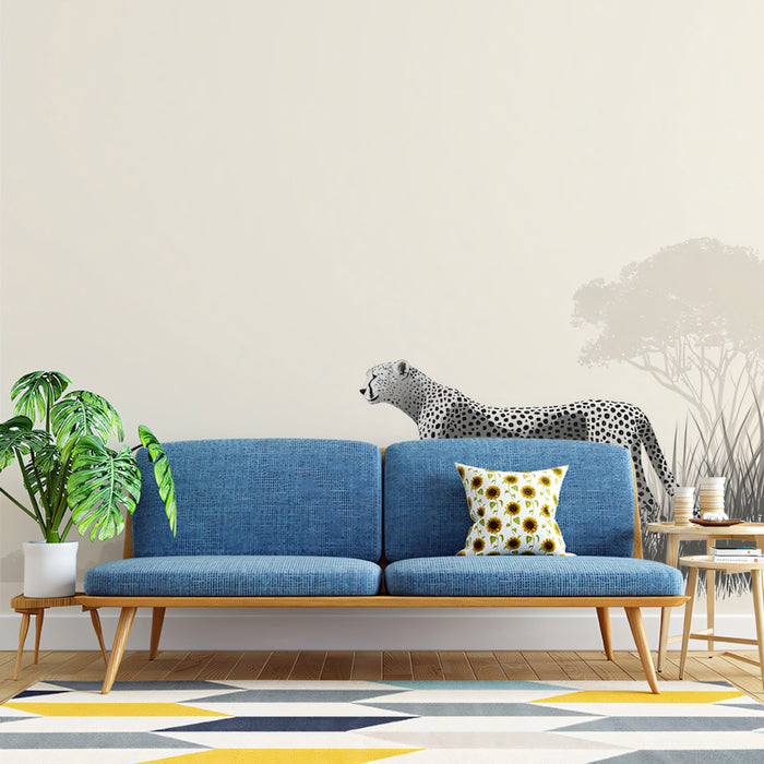 Minimalist Monochrome Cheetah Mural Wallpaper | High Contrast, Serengeti Silhouette, Modern Safari Theme