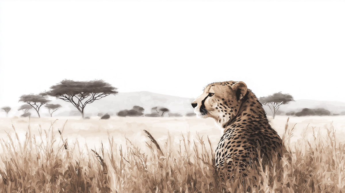African Savanna Cheetah Mural Wallpaper | Warm Earth Tones, Realistic Wildlife Illustration, Vast Open Space