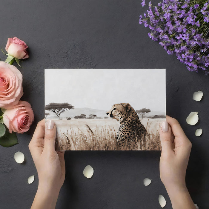 African Savanna Cheetah Mural Wallpaper | Warm Earth Tones, Realistic Wildlife Illustration, Vast Open Space