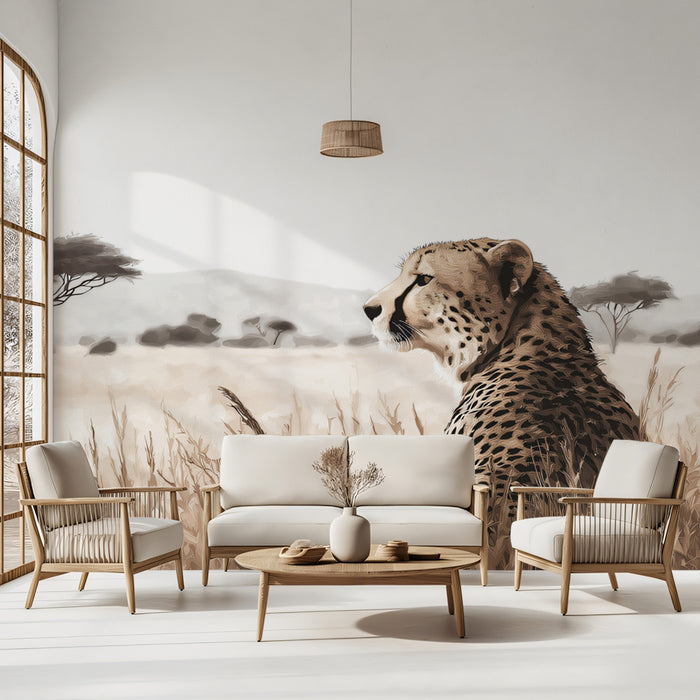 African Savanna Cheetah Mural Wallpaper | Warm Earth Tones, Realistic Wildlife Illustration, Vast Open Space