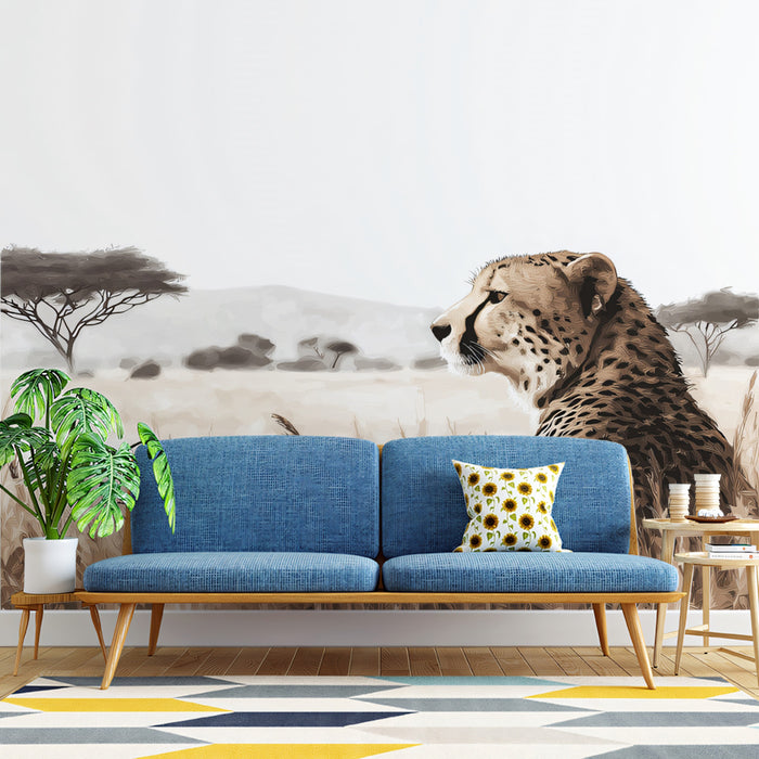 African Savanna Cheetah Mural Wallpaper | Warm Earth Tones, Realistic Wildlife Illustration, Vast Open Space