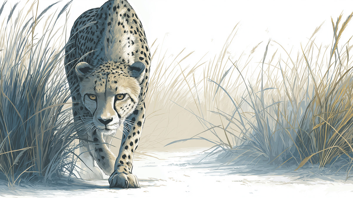 Stalking Cheetah Close-up Mural Wallpaper | Dramatic Focus, Grassy Path, Cool Neutral Palette