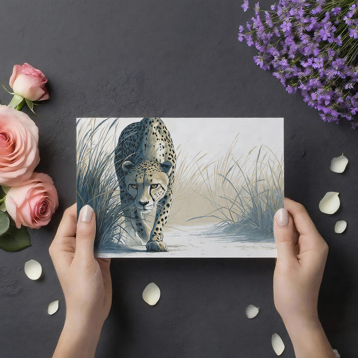 Stalking Cheetah Close-up Mural Wallpaper | Dramatic Focus, Grassy Path, Cool Neutral Palette