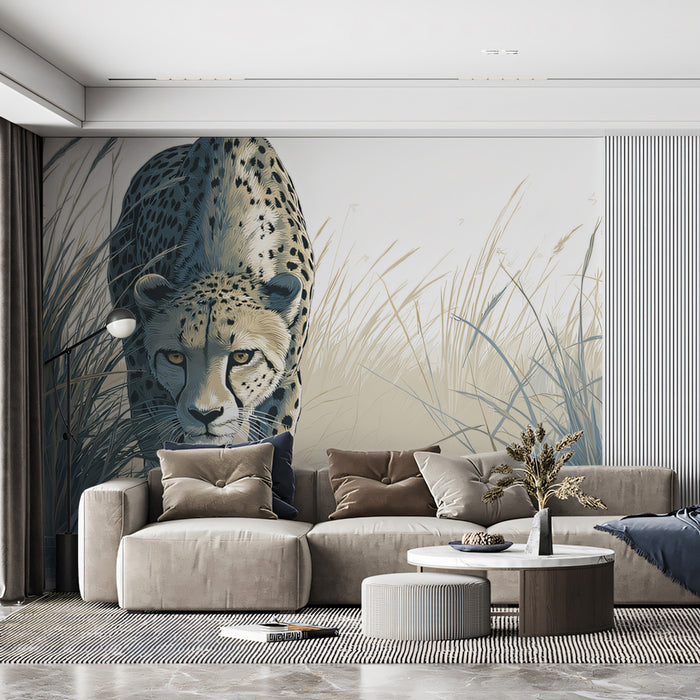Stalking Cheetah Close-up Mural Wallpaper | Dramatic Focus, Grassy Path, Cool Neutral Palette