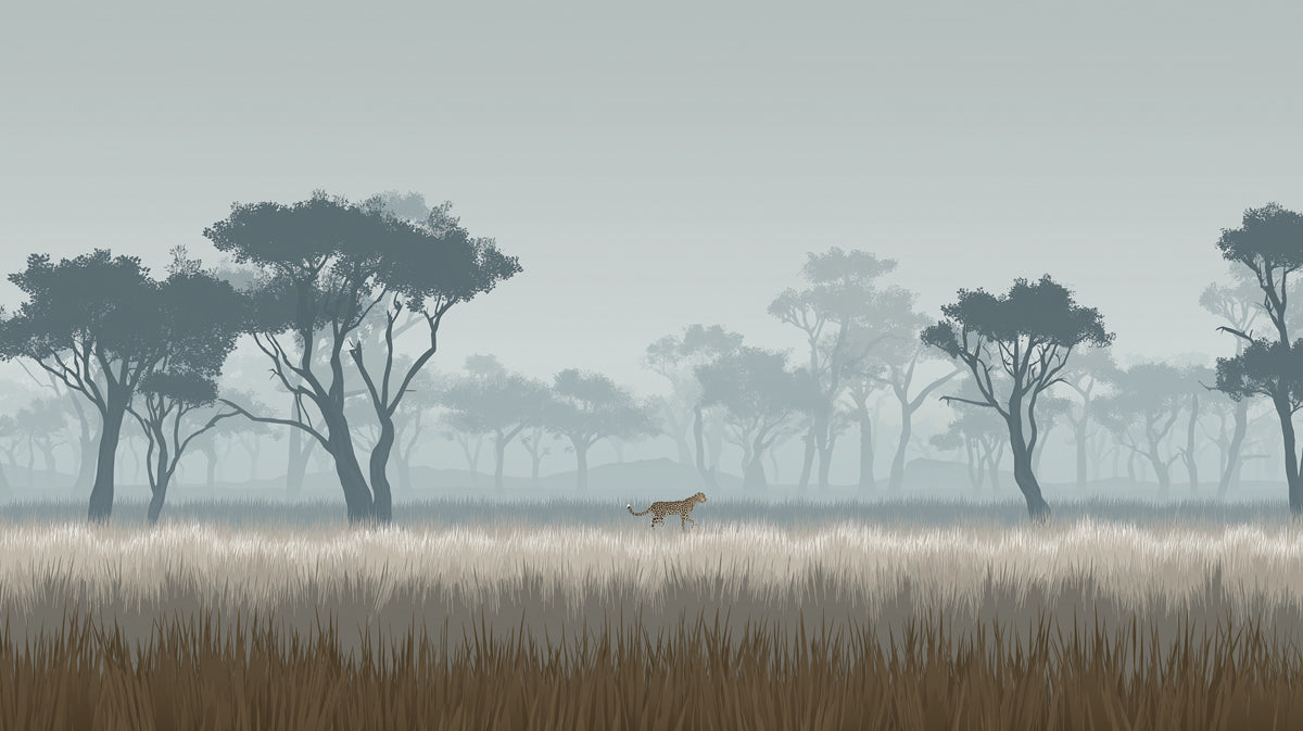 Misty Savanna Cheetah Mural Wallpaper | Atmospheric Fog, Layered Tones, Serene African Landscape