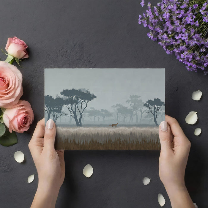 Misty Savanna Cheetah Mural Wallpaper | Atmospheric Fog, Layered Tones, Serene African Landscape