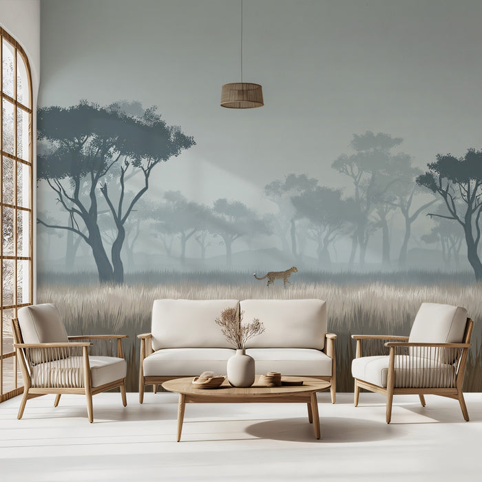Misty Savanna Cheetah Mural Wallpaper | Atmospheric Fog, Layered Tones, Serene African Landscape