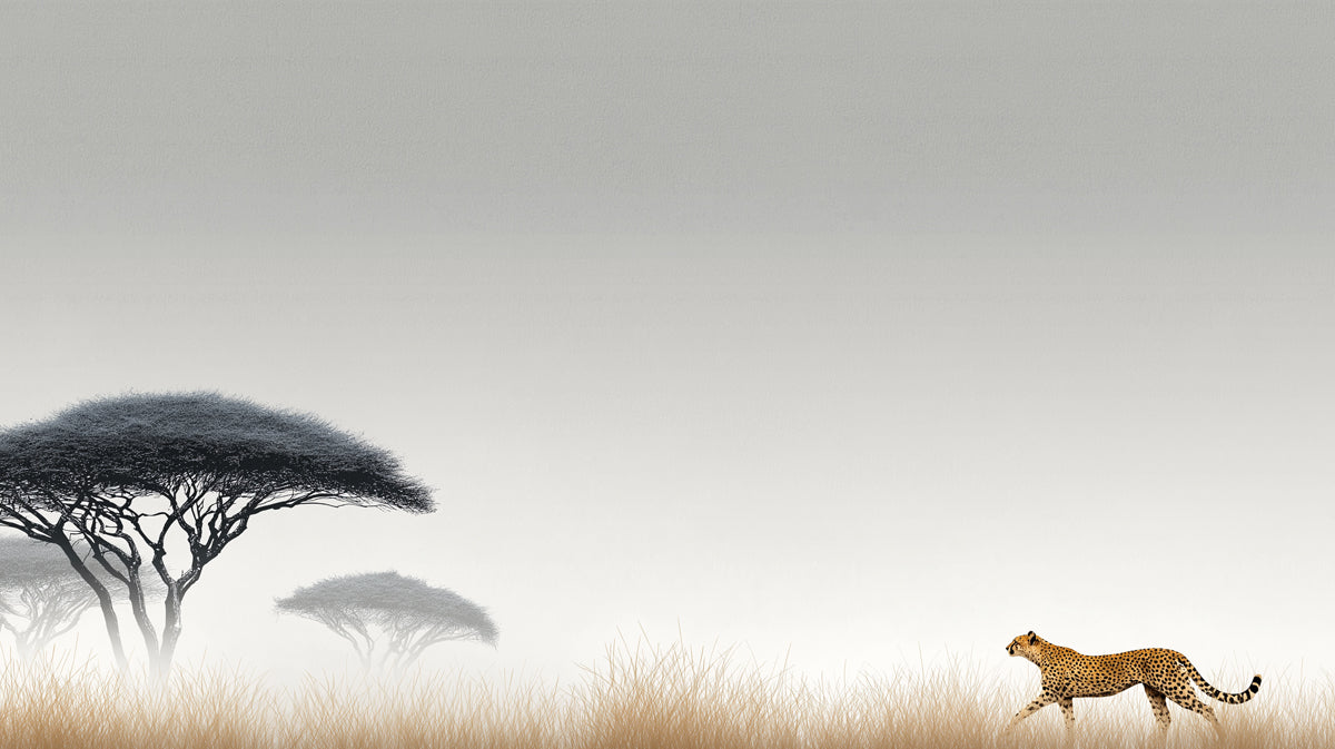 Minimalist Cheetah Chase Mural Wallpaper | Vast Negative Space, Monochrome Gradient, High-Speed Motion