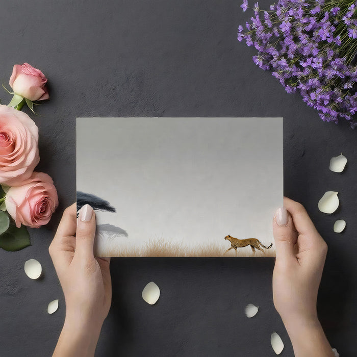 Minimalist Cheetah Chase Mural Wallpaper | Vast Negative Space, Monochrome Gradient, High-Speed Motion
