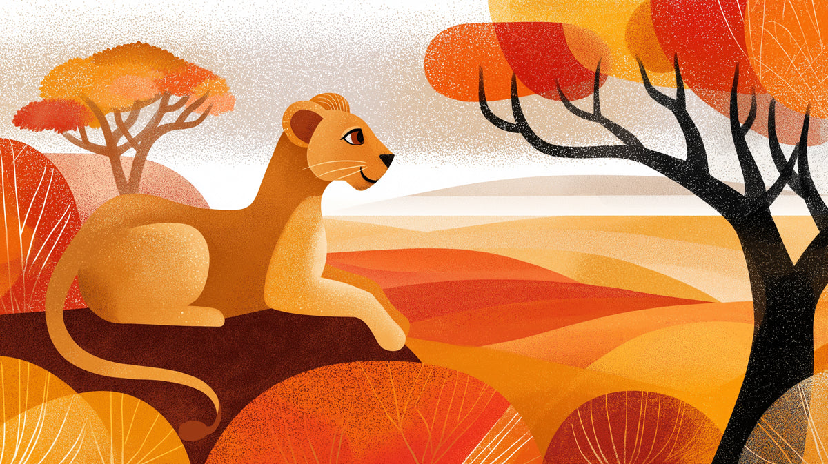 Stylized Lioness Safari Mural Wallpaper | Bold Orange Hues, Flat Graphic Art, Warm Geometric Landscape