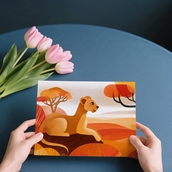 Stylized Lioness Safari Mural Wallpaper | Bold Orange Hues, Flat Graphic Art, Warm Geometric Landscape