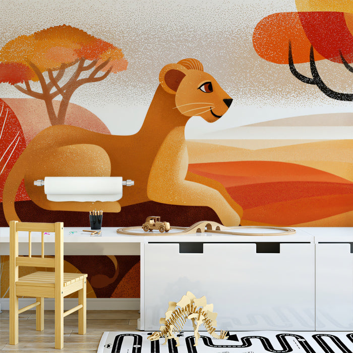 Stylized Lioness Safari Mural Wallpaper | Bold Orange Hues, Flat Graphic Art, Warm Geometric Landscape