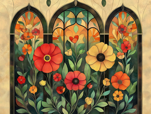 Floral Stained Glass Wallpaper in Living Room | Various Colors (Red, Orange, Green, etc.) of Flowers