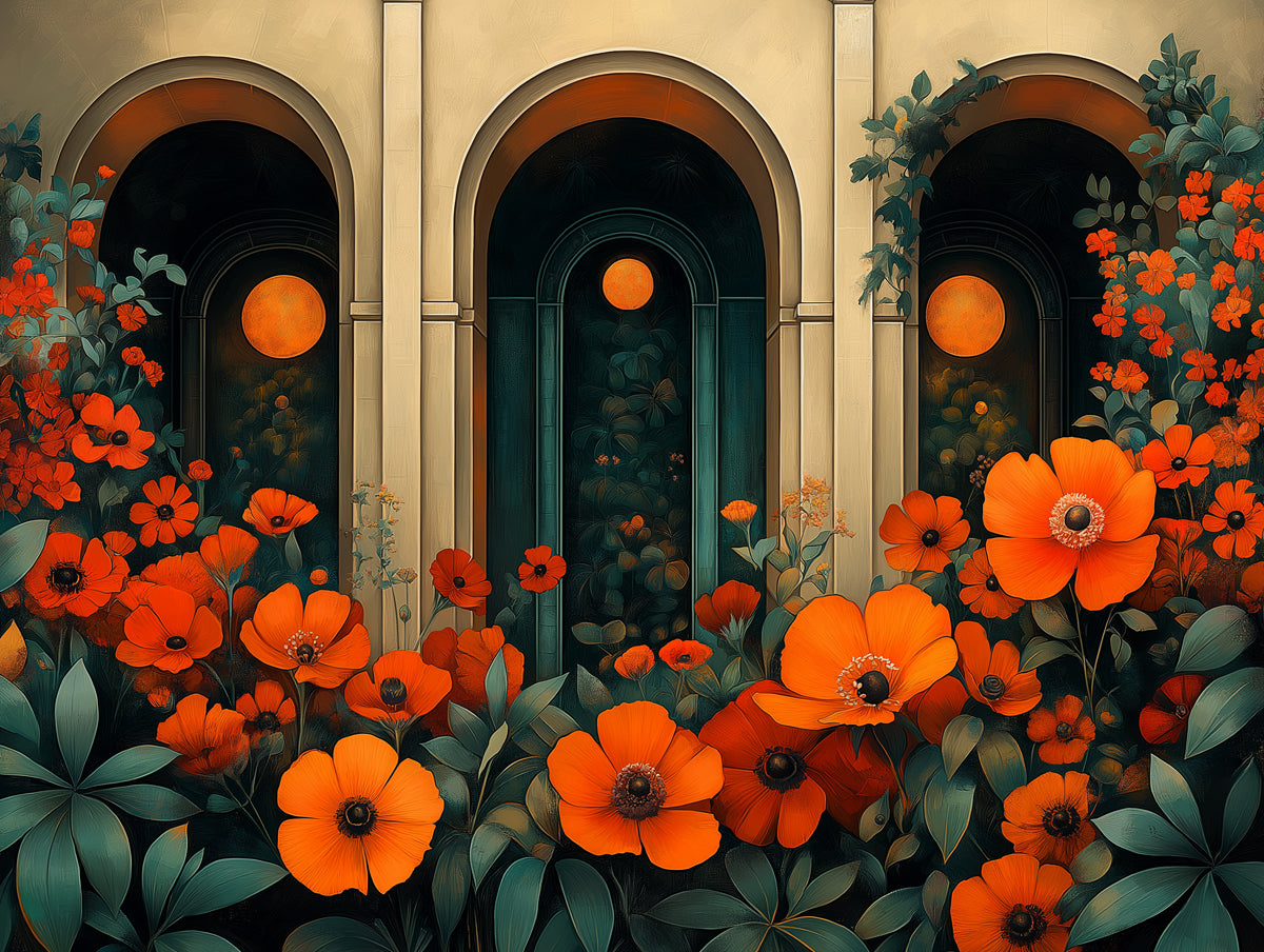 Floral Stained Glass Wallpaper in Living Room | Various Colors (Red, Orange, Green, etc.) of Flowers
