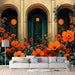 Floral Stained Glass Wallpaper in Living Room | Various Colors (Red, Orange, Green, etc.) of Flowers