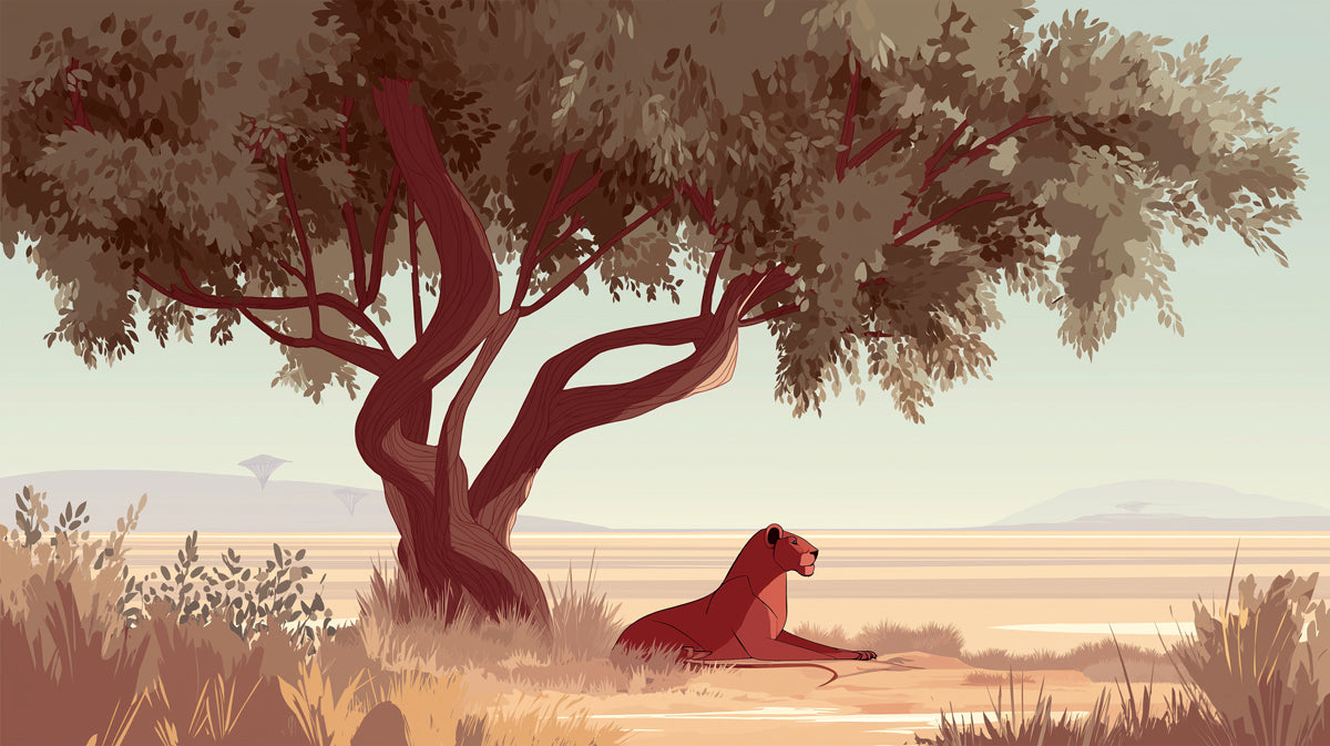 Minimalist Lioness Safari Mural Wallpaper | Earthy Tones, Flat Illustration, Acacia Tree Focus
