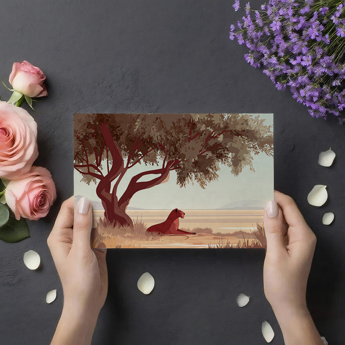 Minimalist Lioness Safari Mural Wallpaper | Earthy Tones, Flat Illustration, Acacia Tree Focus