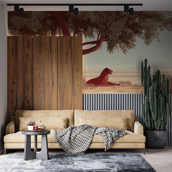 Minimalist Lioness Safari Mural Wallpaper | Earthy Tones, Flat Illustration, Acacia Tree Focus