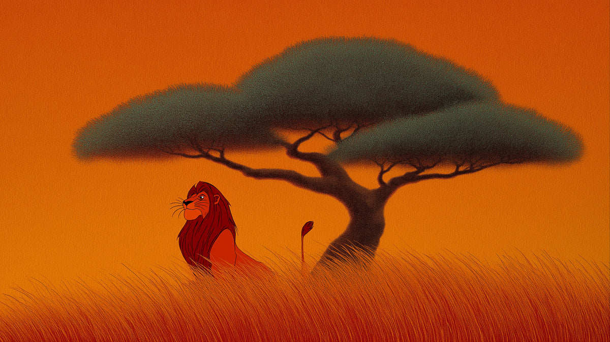 Lion King Savanna Sunset Mural Wallpaper | Classic Animation Style, Fiery Orange Tones, Iconic Silhouette