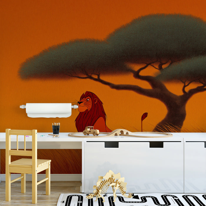 Lion King Savanna Sunset Mural Wallpaper | Classic Animation Style, Fiery Orange Tones, Iconic Silhouette