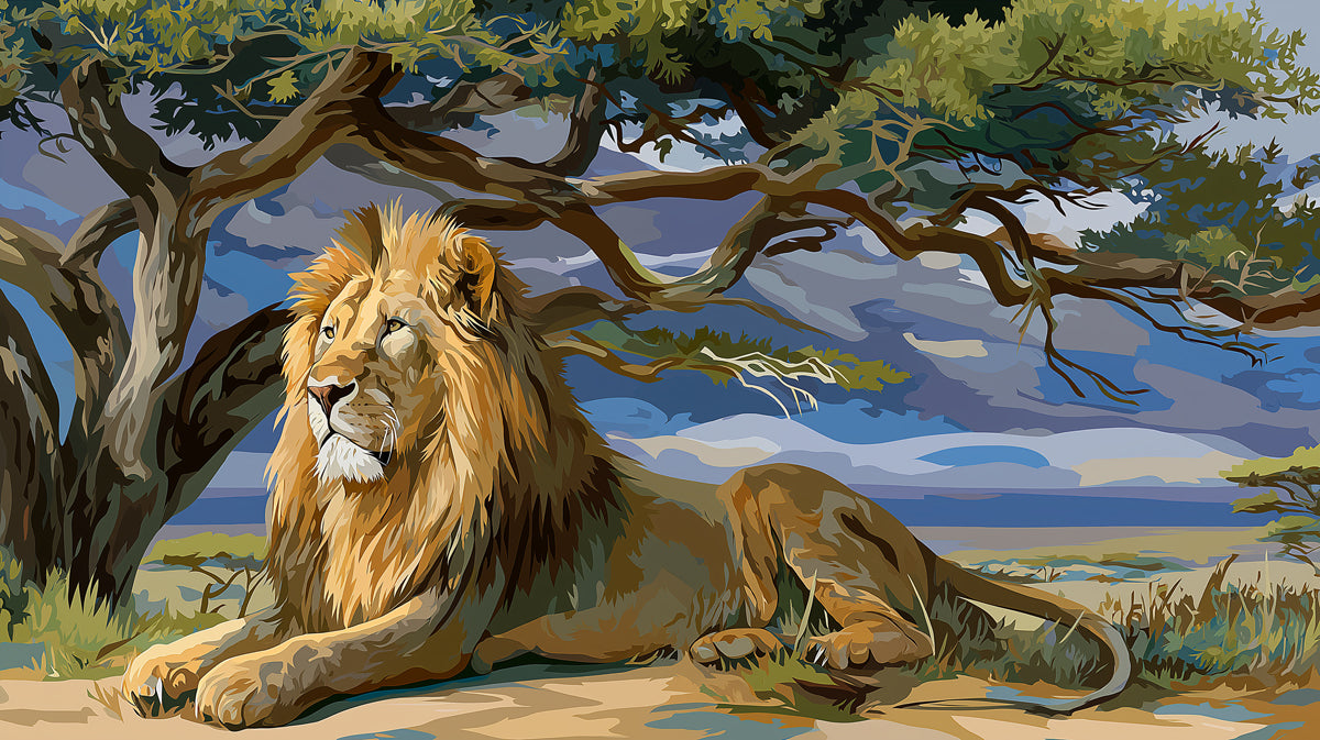 Majestic Lion Under Tree Mural Wallpaper | Vector Illustration, Safari Wildlife, Cool Tones Contrast