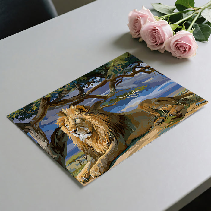 Majestic Lion Under Tree Mural Wallpaper | Vector Illustration, Safari Wildlife, Cool Tones Contrast