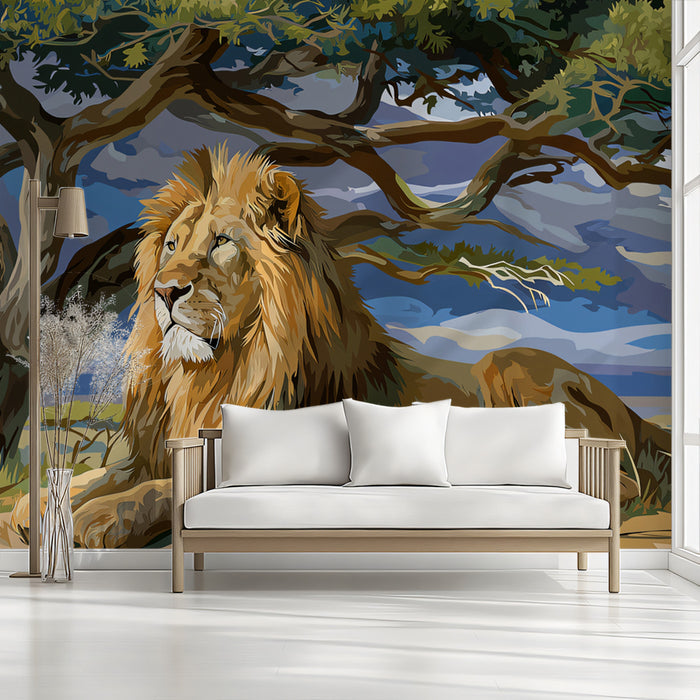 Majestic Lion Under Tree Mural Wallpaper | Vector Illustration, Safari Wildlife, Cool Tones Contrast