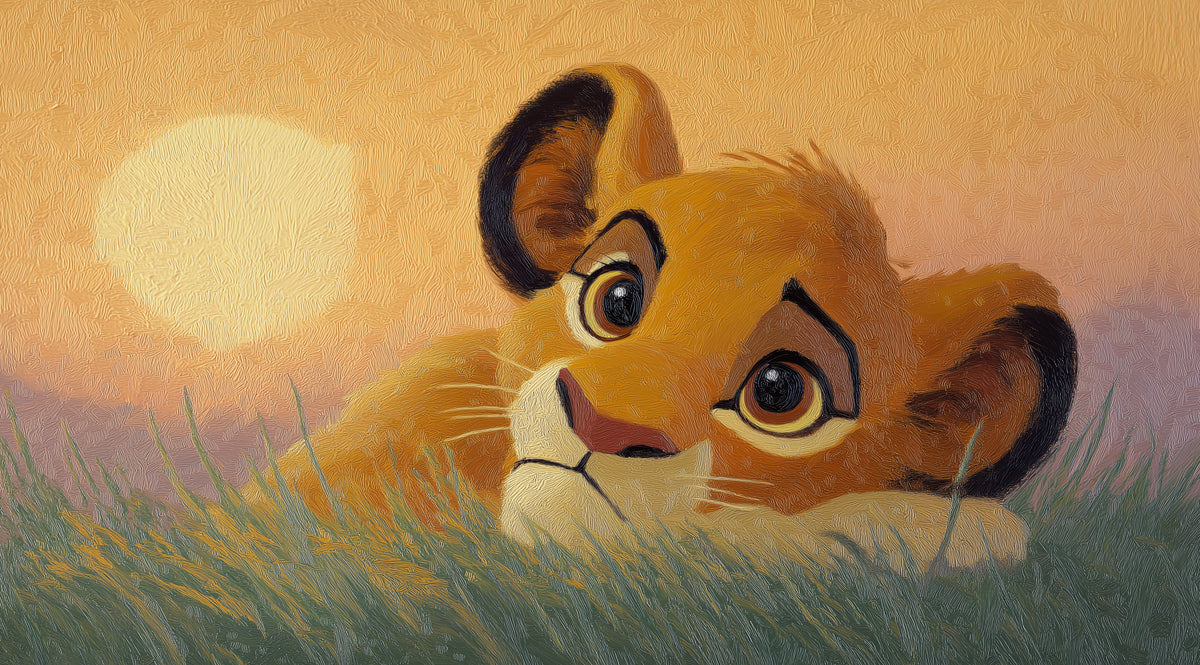 Cute Lion Cub Oil Painting Mural Wallpaper | Warm Golden Sunset, Soft Impressionist Texture, Nursery Art