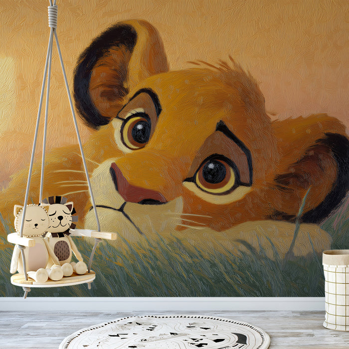 Cute Lion Cub Oil Painting Mural Wallpaper | Warm Golden Sunset, Soft Impressionist Texture, Nursery Art