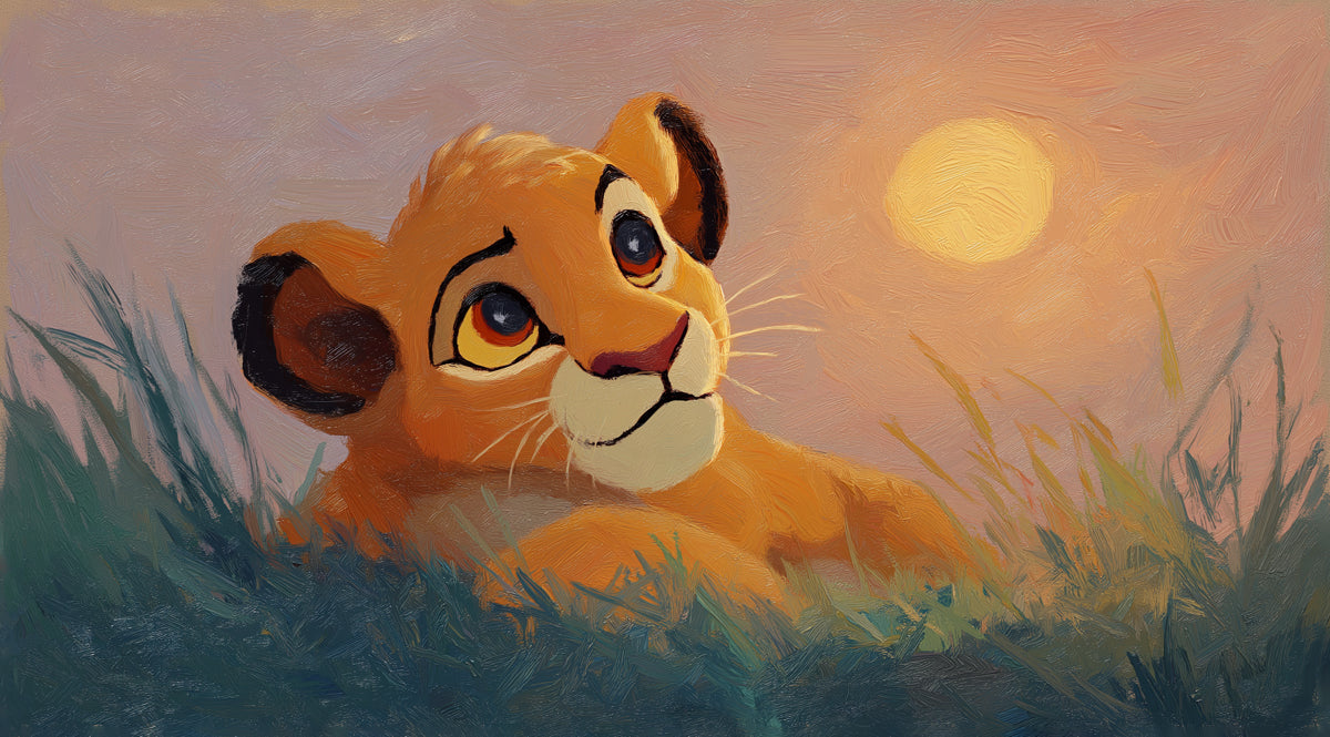 Lion Cub Sunrise Oil Painting Mural Wallpaper | Pastel Sky Hues, Expressive Eyes, Cinematic Style