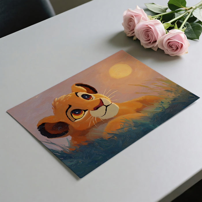Lion Cub Sunrise Oil Painting Mural Wallpaper | Pastel Sky Hues, Expressive Eyes, Cinematic Style