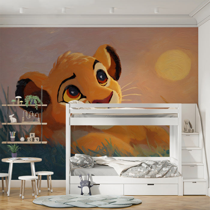 Lion Cub Sunrise Oil Painting Mural Wallpaper | Pastel Sky Hues, Expressive Eyes, Cinematic Style